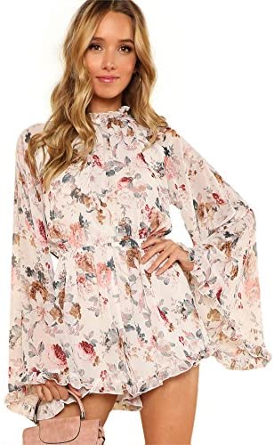 Women's Floral Printed Ruffle Bell Sleeve Loose Fit Jumpsuit Rompers