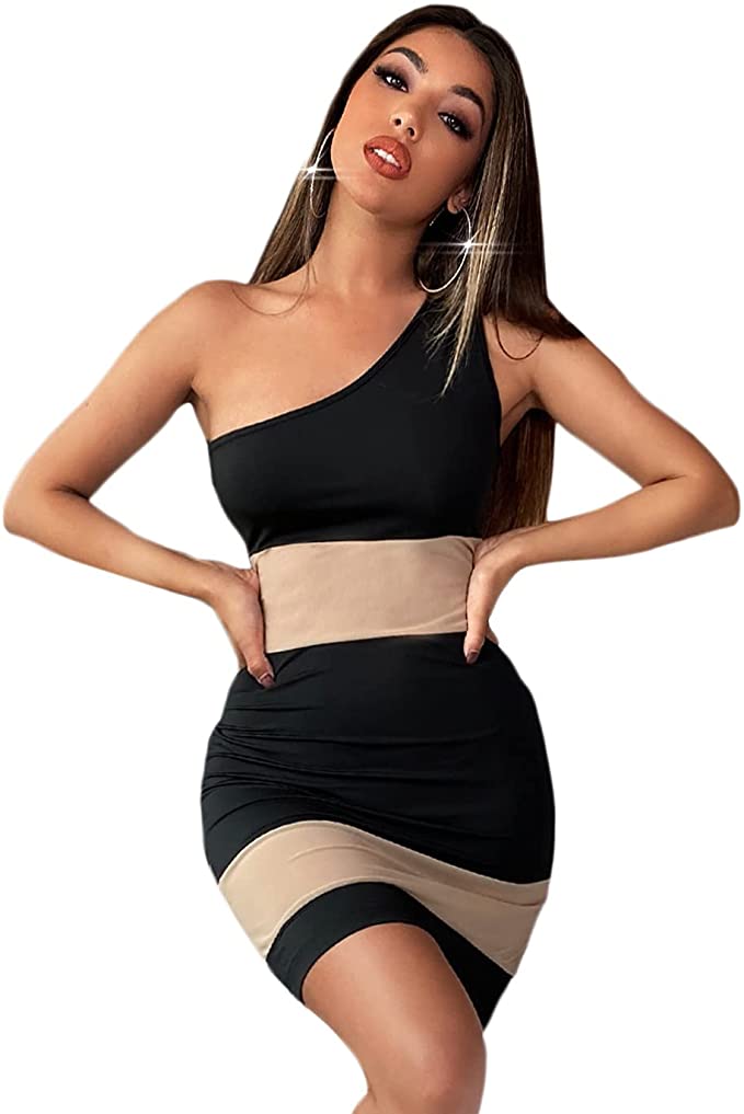 Women's Sleeveless One Shoulder Bodycon Color Blcok Short Tank Dress