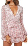 Women's Long Sleeve Polka Dot Romper Floral Print V-Neck Bubble Sleeves Layer Ruffle Hem Casual Jumpsuit