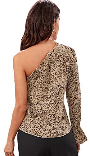 Women's Polka Dot Leopard One Shoulder Ruffle Trim Blouse Long Sleeve Top