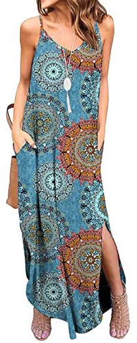 Womens Summer Long Boho Maxi Dresses V Neck Spaghetti Strap Pockets Loose Casual Beach Sundresses (Floral )