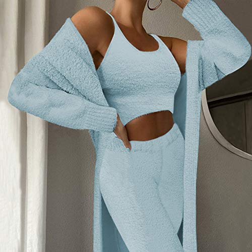 Womens Fuzzy Fleece 3 Piece Pajama Set Tank Crop Tops Pants Open Front Cardigan Lounge Outfit Light Blue S