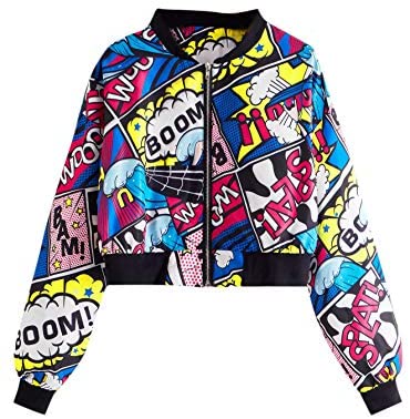 Women's Fashion Long Sleeve Comic Print Crop Bomber Zipper Jacket