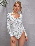 Women's Casual Floral Long Sleeve V Neck Tie Knot T Shirt Bodysuit Tops
