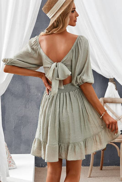 Womens Square Neck Mini Dress Tie Back Lantern Sleeve Summer Dresses Ruffle A-Li