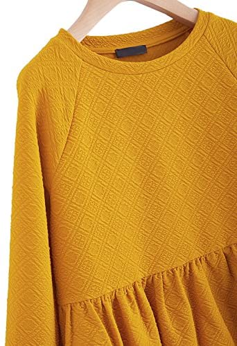 Women's Loose Round Neck Raglan Long Sleeve Ruffle High Low Hem Smock Top Yellow