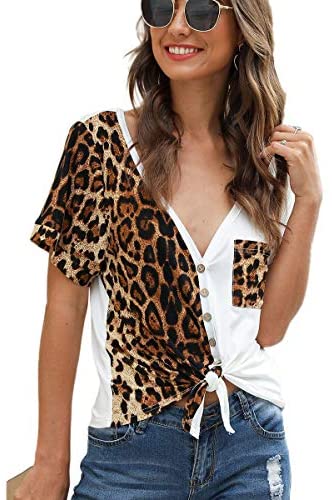 Women's Colorblock Leopard Shirt Blouse Short Sleeve V Neck Button Up Tee Tops with Pocket