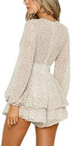 Women's Long Sleeve Polka Dot Romper Floral Print V-Neck Bubble Sleeves Layer Ruffle Hem Casual Jumpsuit