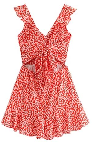 Women's Tie Back Ruffle V Neck Halter Backless Ditsy Floral Romper Jumpsuit