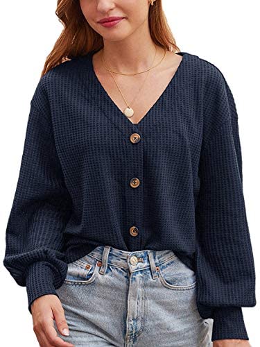 Women's Waffle Knit Shirts Button Down Long Sleeve V Neck Casual Tops Shirts