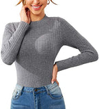 Women's Mock Neck Long Sleeve Sweaters Solid Ribbed-Knit Pullover Tops