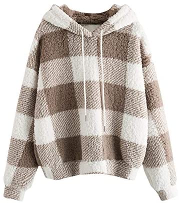 Women's Plaid Long Sleeve Hooded Sweatshirt Fuzzy Fleece Pullover Tops