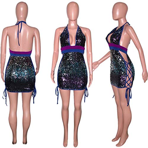 Women's Elegant Sequin Halters Deep V Neck Sleeveless Bodycon Party Dress Multicolored