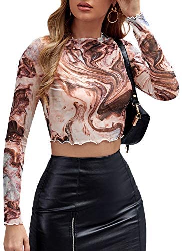 Women's Marble Print Long Sleeve Crop Tee Tops Stand Collar Shirts