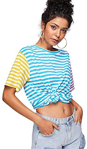 Women's Colorblock Summer Contrast Neck and Sleeve Casual Striped Tee T-shirt Top