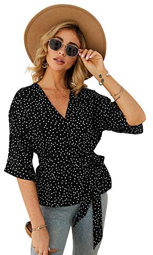 Women's Casual Polka-Dot 3/4 Sleeve V-Neck Blouse Tie Waist Pullover Top
