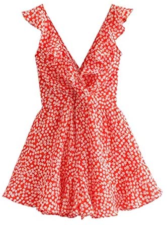 Women's Tie Back Ruffle V Neck Halter Backless Ditsy Floral Romper Jumpsuit