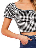 Women's Plaid Short Sleeve Square Neck Button Crop Tops Blouse Black and White Medium
