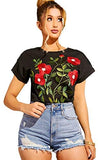 Women's Floral Embroidery Cuffed Short Sleeve Casual Tees T-Shirt Tops