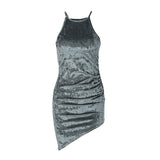 Sexy Velvet Wrap Mini Bodycon Dress for Women Sleeveless Club Party Dresses Irregular Pleated