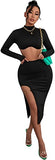 Women's 2 Piece Outfits Mock Neck Long Sleeve Crop Top and Split Skirt Set