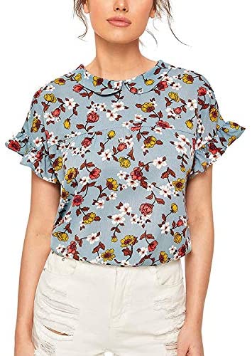 Women's Peter Pan Collar Floral Blouse Short Ruffle Sleeve Babydoll Shirt Top