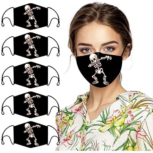 Stylish Skull Print Adult Halloween Fashion Dustproof Face_Mask Washable Reusable Cloth Bandana for Men Women Pack of 5