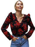 Women's Ruffle Trim Floral V Neck Long Sleeve Casual Blouse Tops Black
