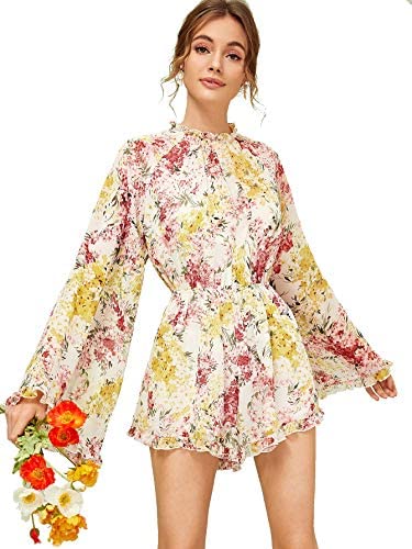 Women's Floral Printed Ruffle Bell Sleeve Loose Fit Jumpsuit Rompers
