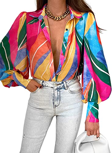 EVALESS Women's Dressy Long Sleeve V-Neck Button Down Shirt, Spring Fall Casual Business Fashion, Hawaiian Multicolor, Large