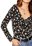 Women's Knot Front Printed Square Neck Fitted Long Sleeve Tee Blouse Top