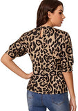Women's Puff Sleeve Leopard Print Work Blouse Casual Hight Neck Top Leopard