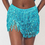 Belly Dance Hip Skirt Tassel Scarf Sequin Wrap Rave Costume for Women (Blue)