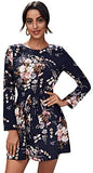 Women's Petal Short Sleeve Floral Print Belted Casual Mini Tunic Dress