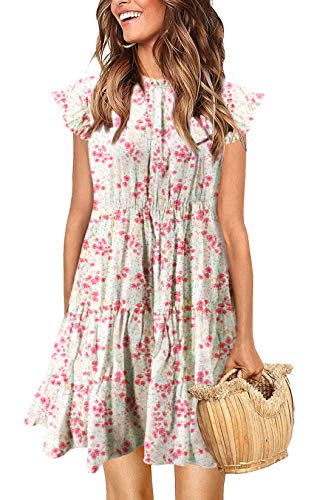 Women’s Summer Sleeveless Ruffle Sleeve Crew Neck Floral Print Mini Dress Casual Loose Flowy Plaid Pleated Dress(Floral-Pink, Small)
