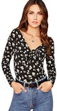 Women's Knot Front Printed Square Neck Fitted Long Sleeve Tee Blouse Top