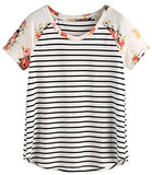 Women's Floral Print Short Sleeve Tops Striped Casual Blouses T Shirt Black