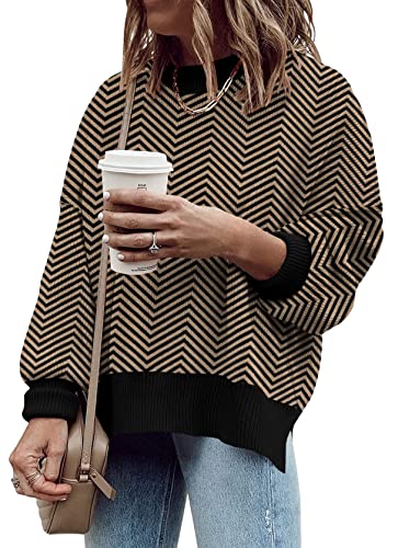 Oversized Sweaters for Women 2023 Trendy Fall Crew Neck Lantern Sleeve Striped Side Slit Knit Pullover Jumper Tops