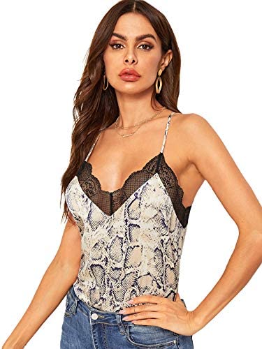 Women's V Neck Sleeveless Lace Trim Spaghetti Strap Camisole Cami Tank Top