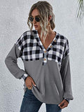 Women's Waffle Knit Long Sleeve Henly Shirts Plaid Button Front V Neck Tee Tops