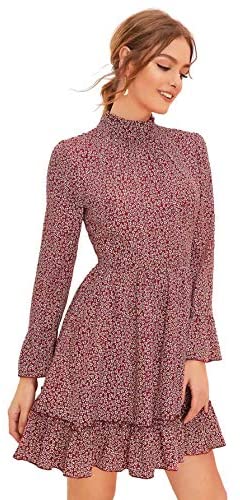 Women's Bell Long Sleeve Ruffle Layer Hem Floral Flare Short A Line Dress
