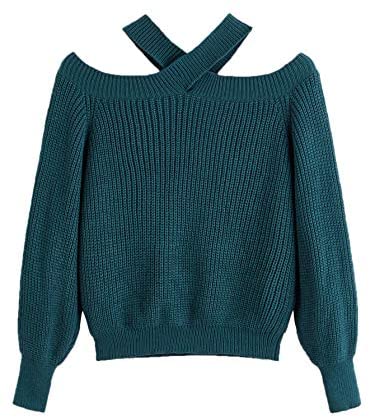 Women's Casual Off Shoulder Long Sleeve Solid Halter Sweater