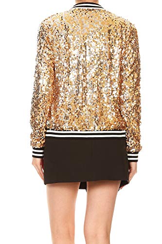 Womens Sequin Long Sleeve Front Zip Jacket with Ribbed Cuffs, Gold, Small