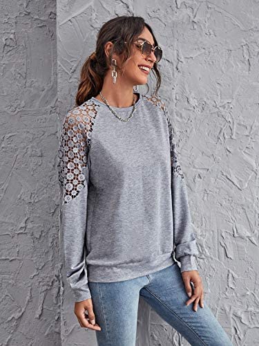 Women's Contrast Lace Long Sleeve Tee Crewneck Casual Pullover Tops Shirts
