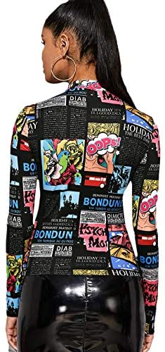 Women's Mock Neck Long Sleeve Fitted Graphic Print T-Shirt Tee Tops Print