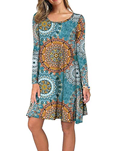 Women's Long Sleeve Print Floral Pleated Pockets Casual Swing T-Shirt Dresses
