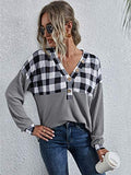 Women's Waffle Knit Long Sleeve Henly Shirts Plaid Button Front V Neck Tee Tops