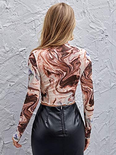 Women's Marble Print Long Sleeve Crop Tee Tops Stand Collar Shirts