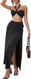 Women's 2 Pieces Outfits Ruched Sleeveless Halter Crop Top and Split Thigh Maxi Skirt Set