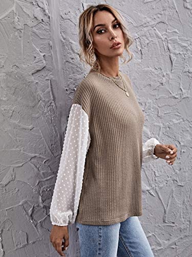 Women's Casual Mesh Lantern Long Sleeve Waffle Knit Shirts Tops Blouse